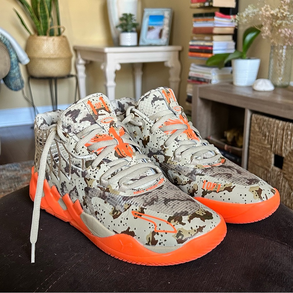RARE PUMA Lamelo Ball Mb.01 Camo Basketball Sneakers with Orange XXX Accents